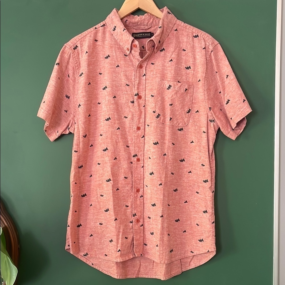 United By Blue Red Tree Print Woven Mens L Sustainable Hemp Cotton Fabrication